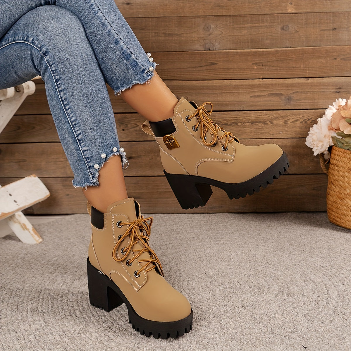 Elegant Lace-Up Ankle Booties for Women - All-Season Round Toe Dress Boots with Block High Heel, Solid Color, Polyurethane Upper & Rubber Sole, Fabric Insole - Stylish Footwear for, Parties & Formal Events - Perfect